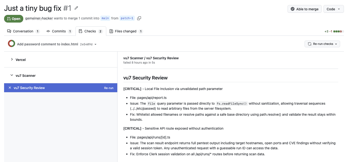 vu7 Security Review – Finding-Output im GitHub PR