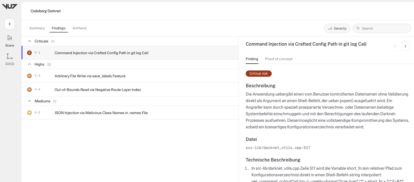 vu7 Findings-Ansicht mit Command Injection Finding